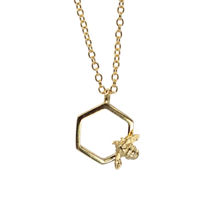 Hexagon Bumble Bee Pendant Necklace, Gold