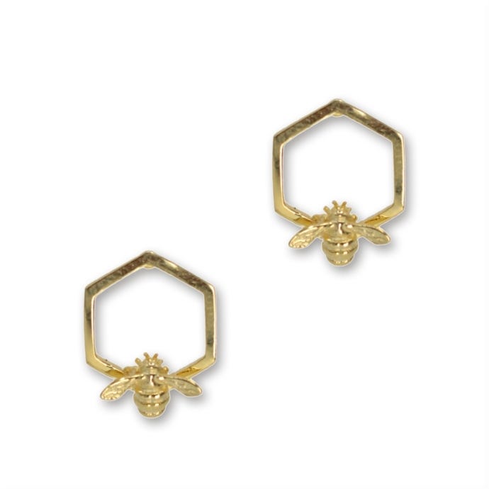 Hexagon Bumble Bee Stud Earrings, Gold