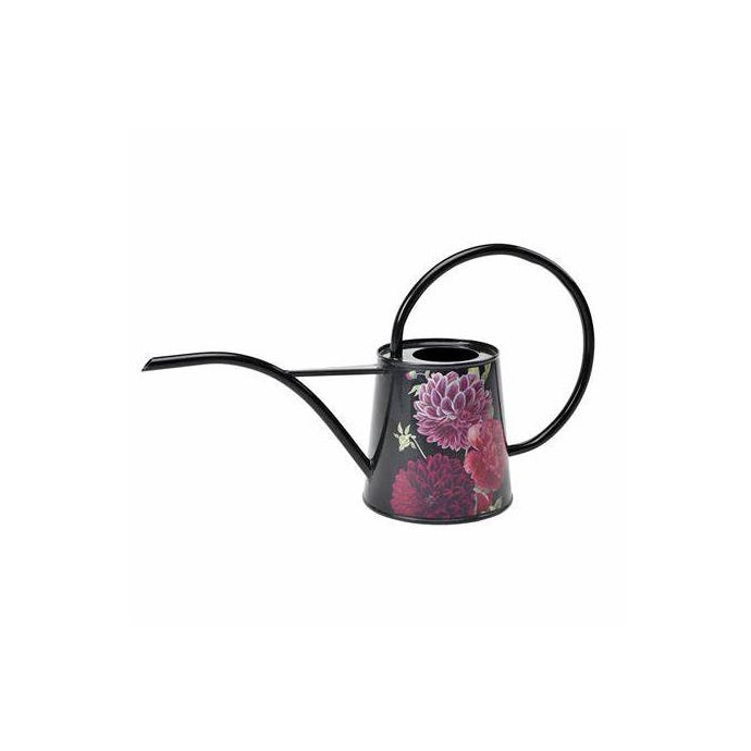 Indoor black watering can with a purple floral design and large loop handle.
