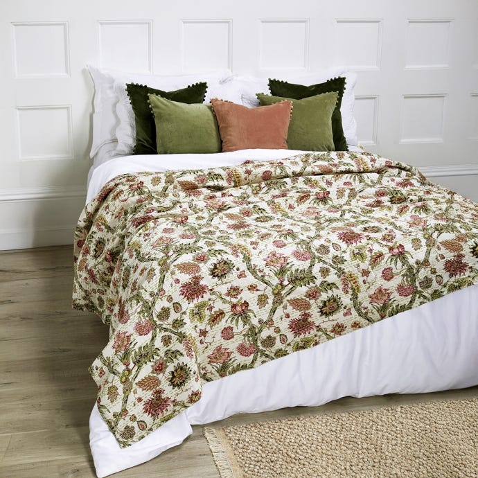 Kantha Throw from Walton & Co in sage colour, lifestyle image