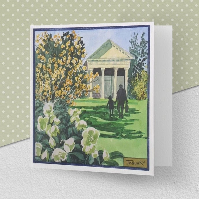image of the greeting card illustrating the month of January at Kew Gardens, featuring the classical temple in the background and shrubs in flower in the foreground.
