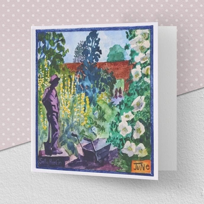 image of the greeting card illustrating the month of June at Kew Gardens, with a wheelbarrow and the lots of plants covered with flowers in the foreground. 