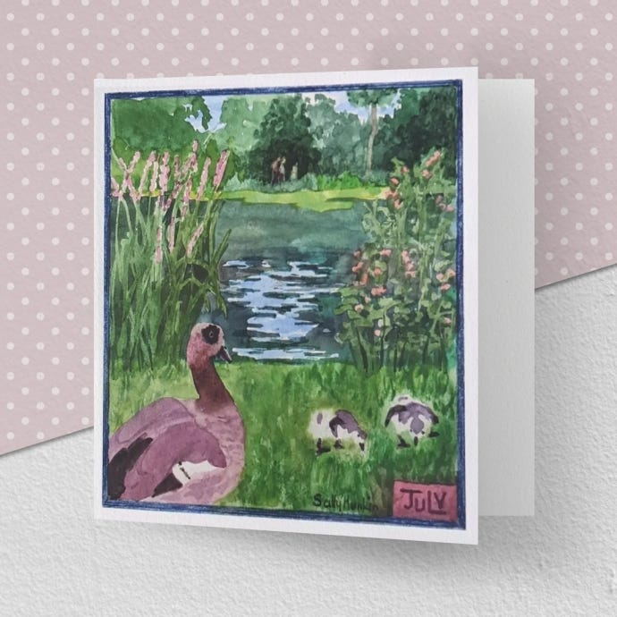 image of the greeting card illustrating the month of July at Kew Gardens, featuring duck birds and the pond.