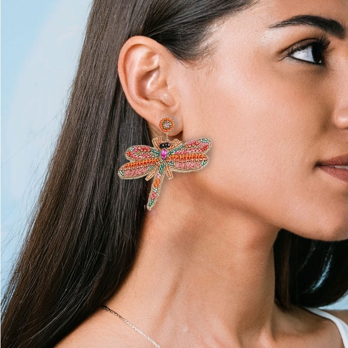 features My Doris Beaded Dragonfly Earrings, Pink & Orange