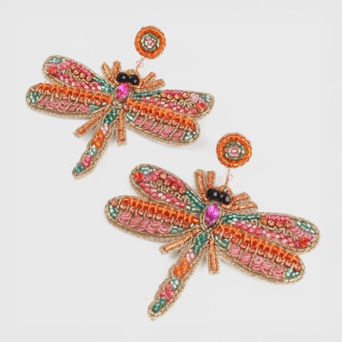 My Doris Beaded Dragonfly Earrings, Pink & Orange