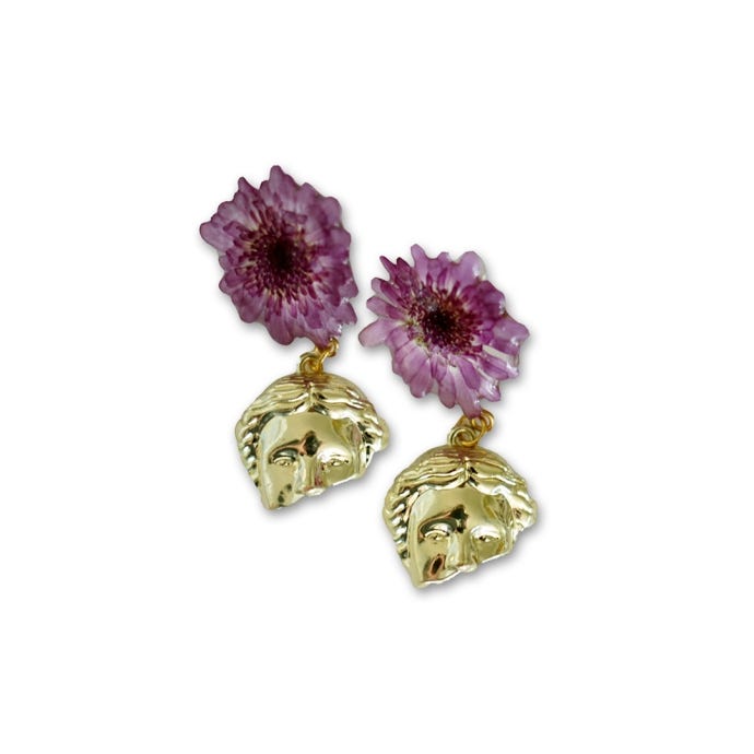 Athens Face and Flower Gold Earrings