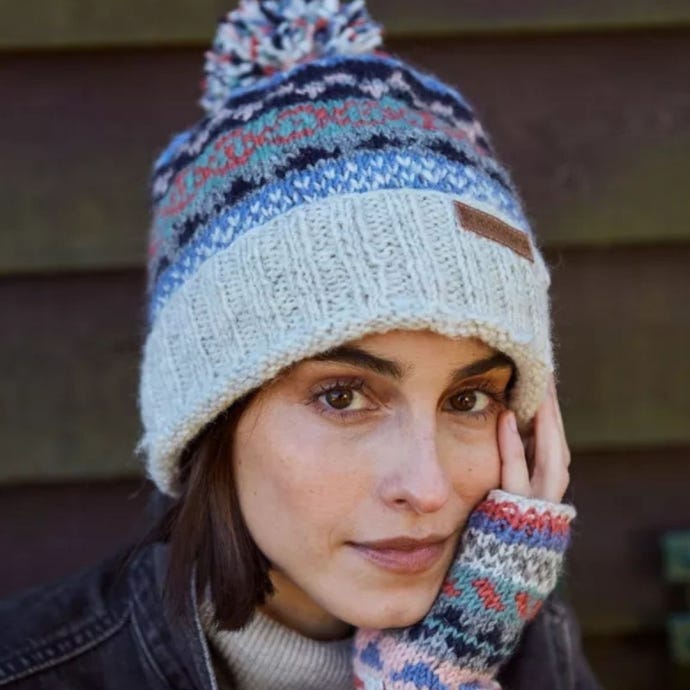 Classic Fairisle Roll Back Bobble Beanie Hat, Oatmeal