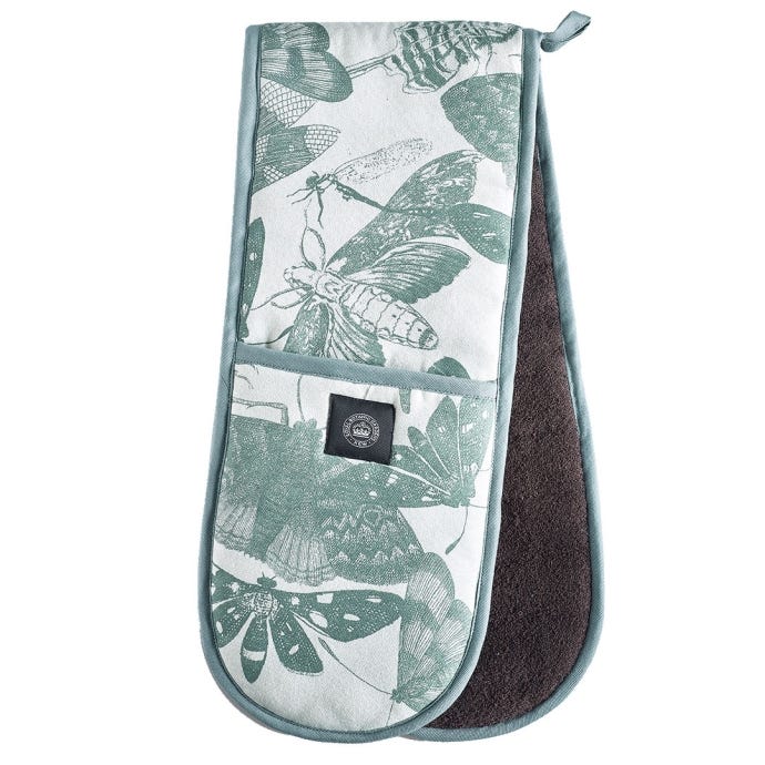 Kew Living Jewels Double Oven Glove with light grey background and illustrations of insects including moths and butterflies. Darker grey lining and dark grey inner. Kew Logo is featured in centre.