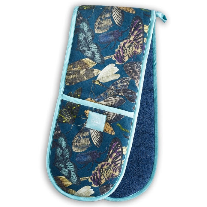 Kew Living Jewels Midnight Double Oven Glove with rich blue background and light blue lining and inner. Features illustrations of insects including moths and butterflies.