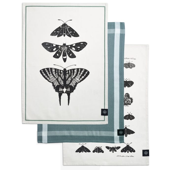 Three tea towels, two featuring black and white artwork of insects and the other a duck egg blue with white striped lining.
