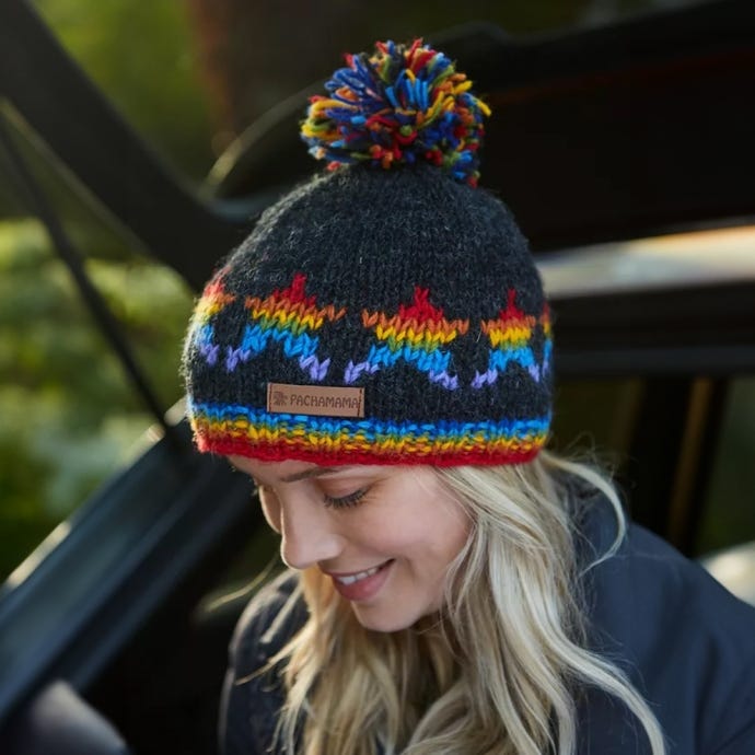 Rainbow Star Bobble Beanie Hat, Charcoal