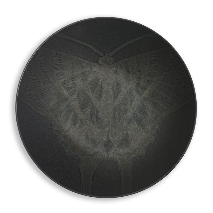 Influenced by the intricate patterns from a diverse range of bugs, the Living Jewel’s salad bowl marries perfectly the past and present. Features a light grey design of a moth with wings spread. 