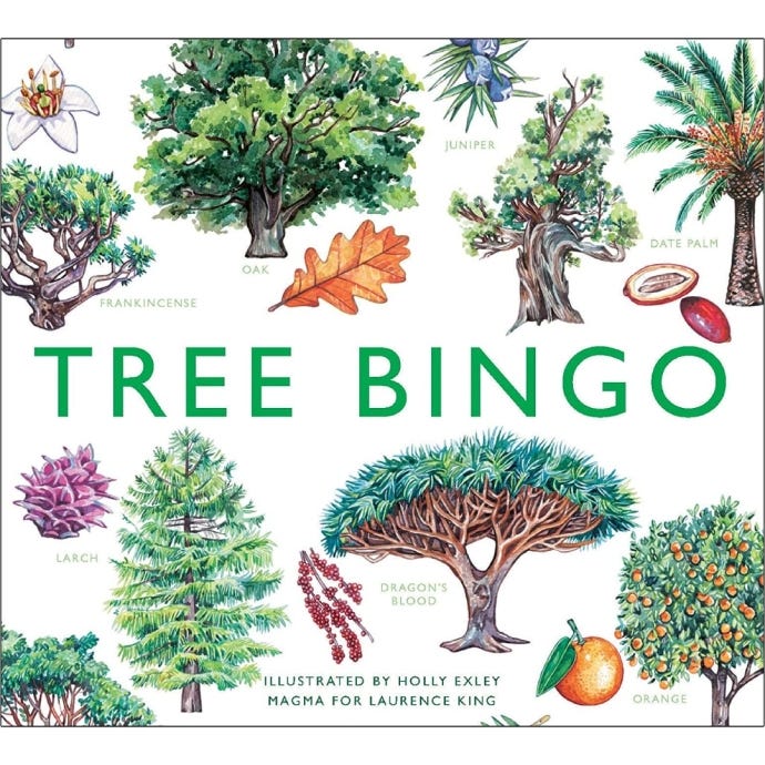 Cover image of the bingo box featuring the title 'Tree Bingo' on a white background surrounded by different species of trees.