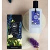 Bluebell and Jasmine white bottle with black lid. Black packaging with bluebell and jasmine illustrations.