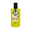 Green bottle of the Lemongrass and Lime Eau de Toilette with label and black lid. White background.