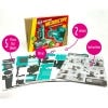 Image of the box containing the kit, plus the instruction booklet and the various pieces with which to build your own microscope