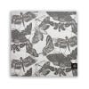 One napkin from the set of four napkins inspired by the stunning and intricate artwork found in the extensive Royal Botanic Gardens, Kew. Light grey napkins with darker grey artwork of insects including butterflies and dragonflies. Kew logo featured in bo