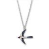 Image of the necklace featuring a swallow bird-shaped pendant in metal silver with navy accents. The necklace chain is in metal silver as the casting of the pendant.