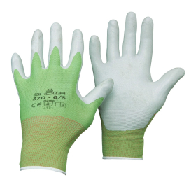 Image of left and right gardening gloves with the palm in white and the back in green elasticated fabric