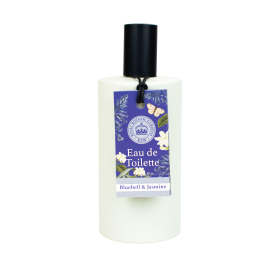 Bluebell and Jasmine white bottle with black lid. White backround.