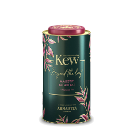 Royal Botanic Gardens, Kew x Ahmad Tea. 100g loose tea in beautiful tin. Reads: Beyond the leaf. Majestic Breakfast. A unique partnership with AHMAD TEA. LONDON.