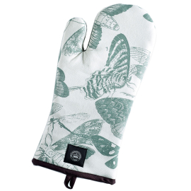 Kew Living Jewels Single Oven Glove with light grey background and illustrations of insects including moths and butterflies.